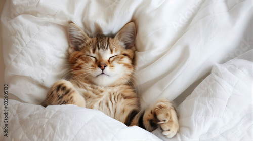 Um gato fofo dormindo em um travesseiro branco na cama photo