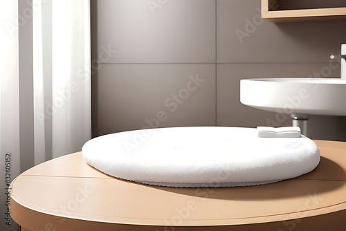 Round wooden splay product bathroom background blurred podium poduim blur display dais table board white lifestyle towel care tile furniture beauty platform stage