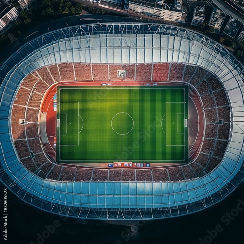 Aerial top down view of a soccer football field stadium
