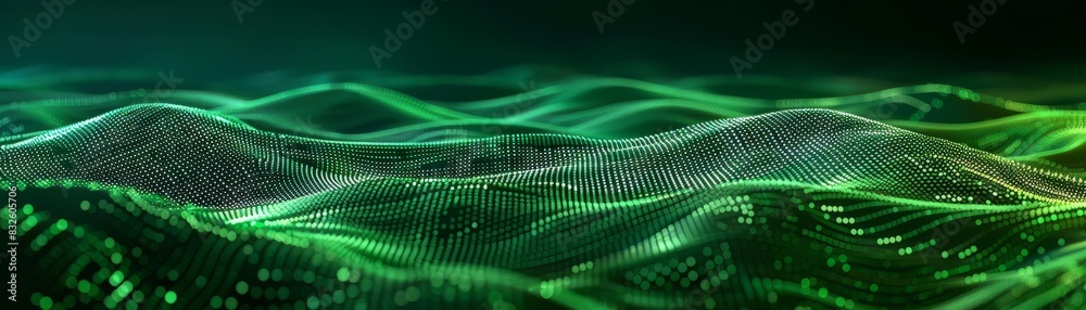 Obraz premium Abstract tech landscape A panoramic view of undulating green lines and dots, crafted to represent a digital landscape or cyber environment