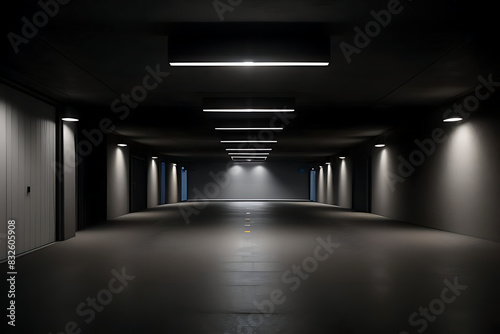 3D Cement Asphalt Showcase Realistic Glowing Showroom Empty Corridor Parking Rendering Underground Lights Brick Background Garage Dark Urban Car
