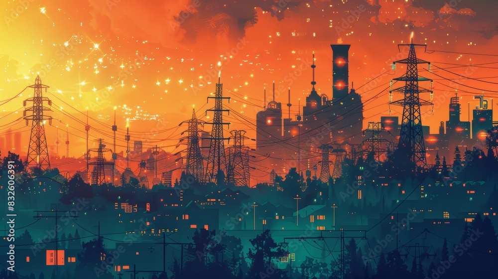An artistic representation of a smart grid system, with interconnected homes, businesses, and power plants, emphasizing the efficient and balanced distribution of electricity throu An artistic representation of a smart grid system, with interconnected homes, businesses, and power plants, emphasizing the efficient and balanced distribution of electricity throu