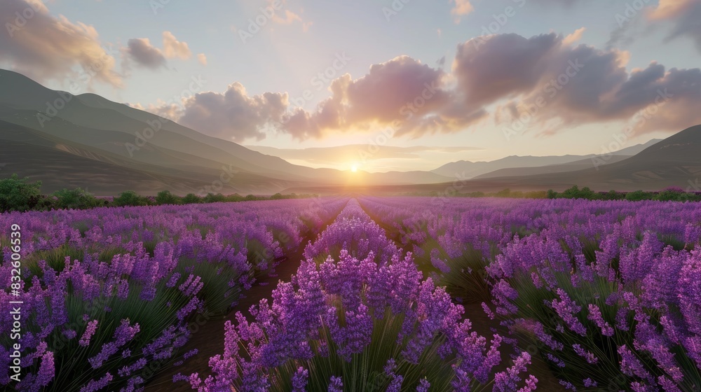 Lavender Fields at Sunset with Mountains in the Background
Lavender Fields at Sunset with Mountains in the Background