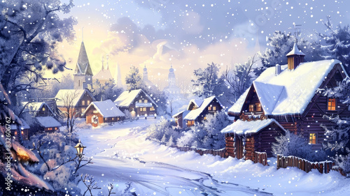 Cozy Winter Village Scene in Holiday Postcard Style for Merry Christmas and Happy New Year Concept © Mickey