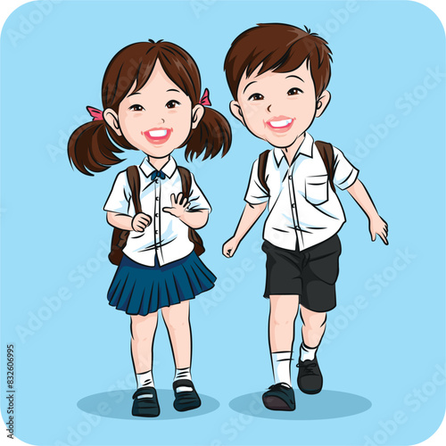 Back to school. Thai students are excited to return to school on the first day of school. Vecter cartoon for illustration.