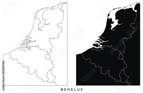 Benelux map of city regions districts vector black on white and outline