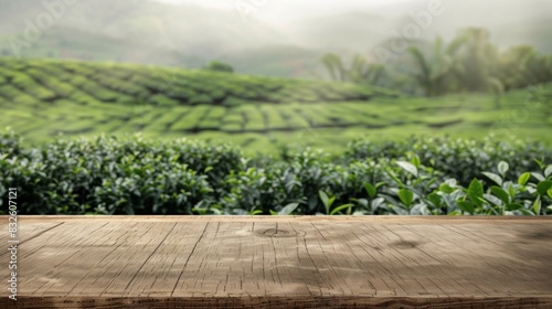 Countertop made of wood against the backdrop of a mountain tea plantation. Empty tabletop mockup with green farm landscape. Platform for product presentation.