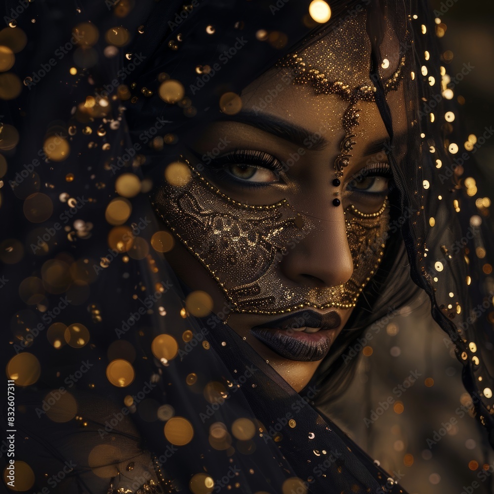 Mystical Portrait of a Woman in Gold and Black Veil with Intricate Face Paint
Mystical Portrait of a Woman in Gold and Black Veil with Intricate Face Paint