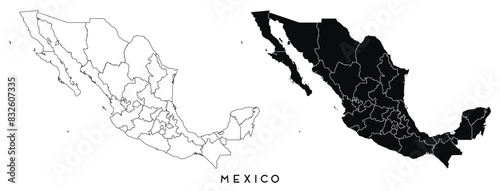 Mexico map of city regions districts vector black on white and outline