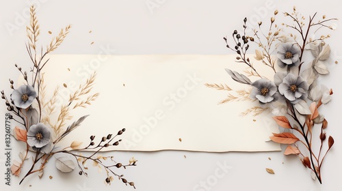 Digital painting of an inviting stationery set for a special occasion, highlighting a botanicalthemed card and envelope, adorned with real dried flower elements for a natural touch photo