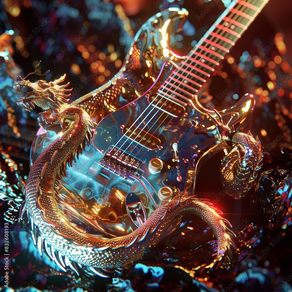 Obraz premium Futuristic Electric Guitar with Dragon Design and Neon Lights-Backgrounds, textures, and symbols. 