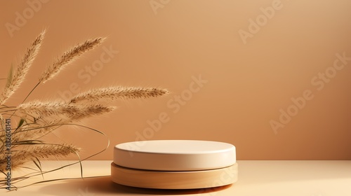 Digital artwork for a minimalist product mockup, featuring a round pedestal on a soft, warmtoned background to emphasize the products elegance photo
