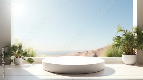 Concept art for a chic product presentation  using a white circular pedestal placed in a serene  sunlit environment for a clean and clear visual appeal