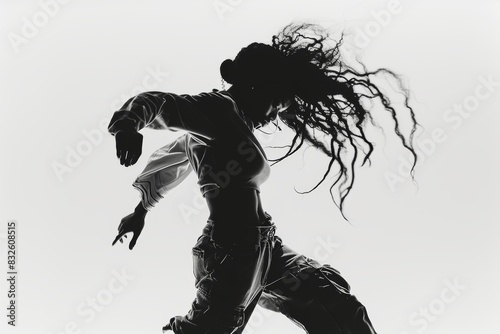 Silhouette of a street dancer with expressive fashion and flowing hair in a high-key lighting setup