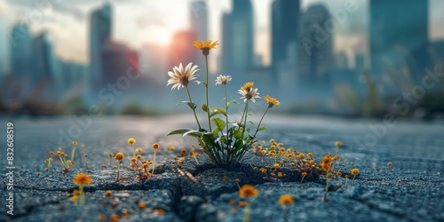Wildflowers growing through cracks in concrete with a city skyline in the background photo
