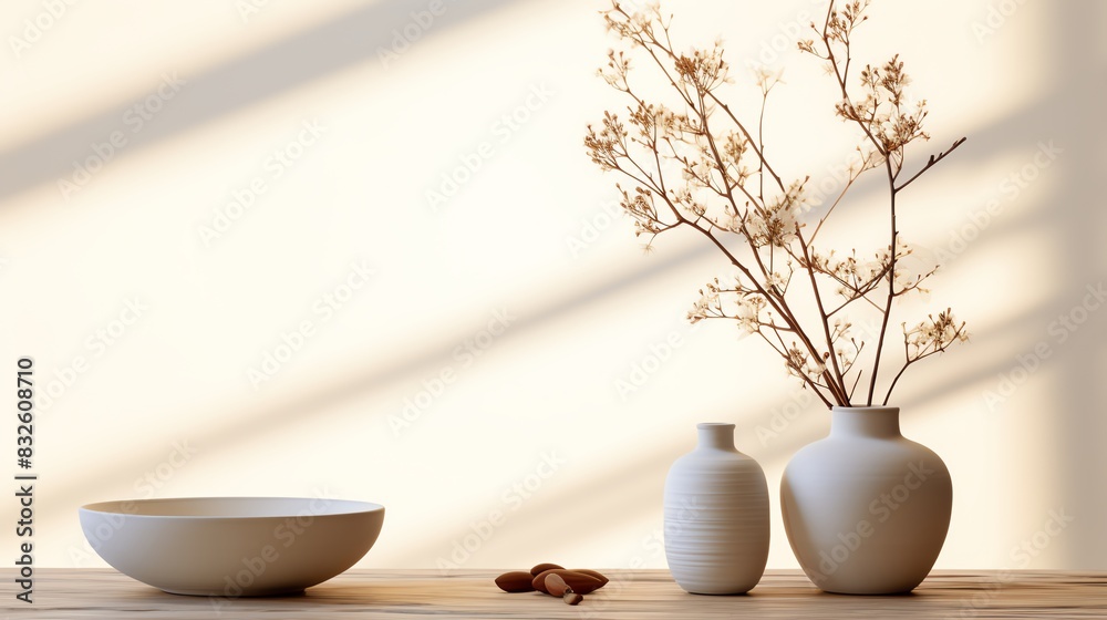 Artistic rendering of a serene and uncluttered product layout, with a white bowl and a vase of dried botanicals, highlighted by soft shadows on a clean white background Artistic rendering of a serene and uncluttered product layout, with a white bowl and a vase of dried botanicals, highlighted by soft shadows on a clean white background