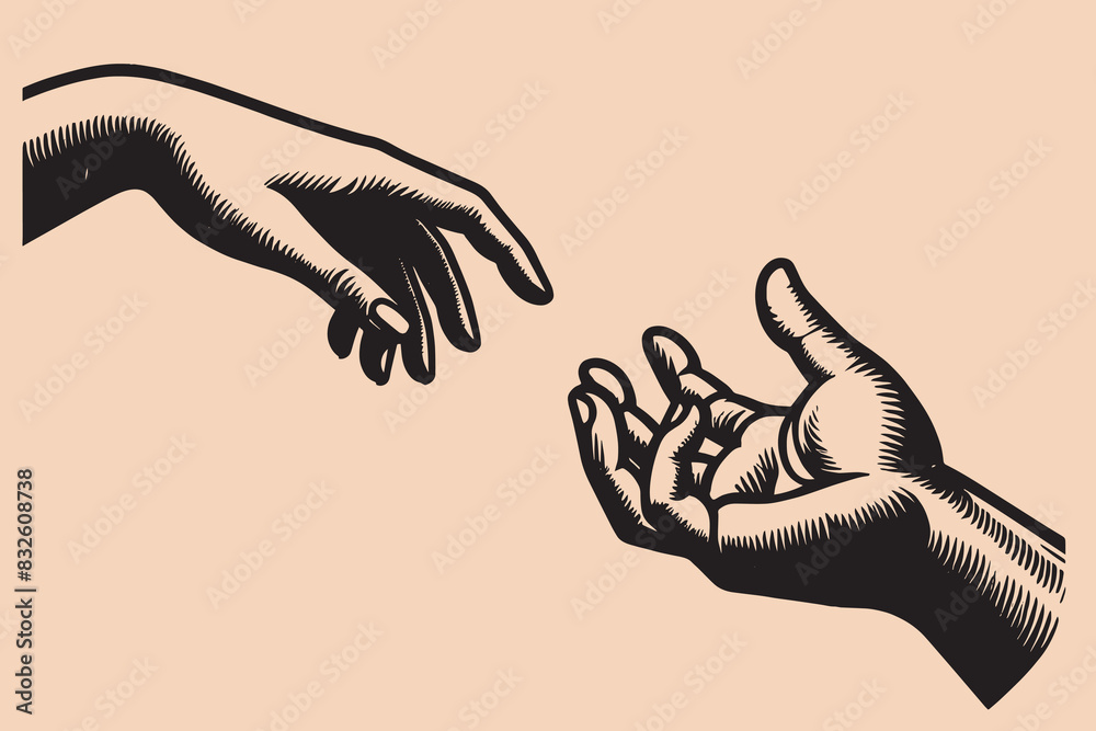 Hands reach out to each other. Two palms.
Vintage engraving black vector illustration, isolated object, sketch, emblem, logo, icon. Old vintage engraving illustration. Hand drawn outline graphic. 