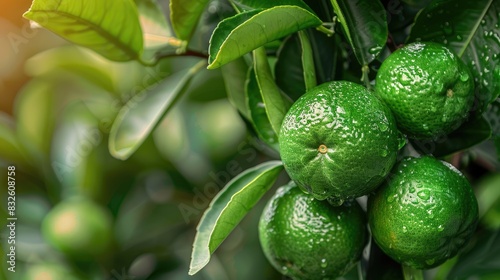 Unripe green mandarin fruit on a tree branch in the garden