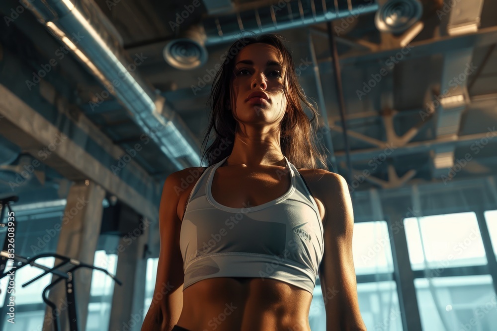 Fototapeta premium Photo of an American woman exercising at a fitness center, happy to exercise, fit and healthy.