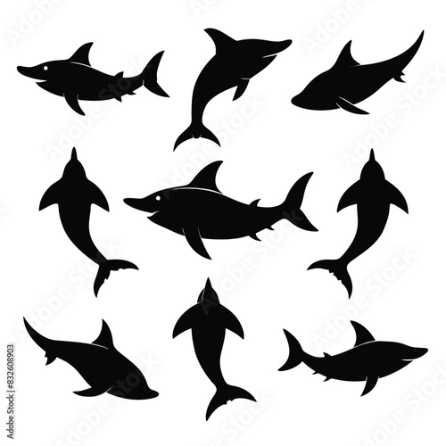Set of Bronze Whaler Shark animal black silhouettes vector on white background photo