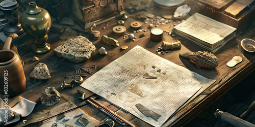 Close-up of a archaeologist's desk with artifacts and excavation notes, showcasing a job in archaeology photo