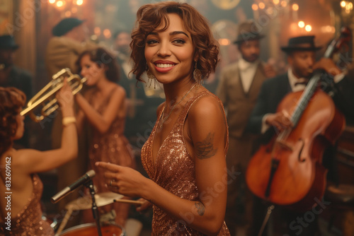 A jazz band playing on stage with men in zoot suits and women in flapper dresses dancing and enjoying the lively atmosphere of a 1920s jazz club. photo