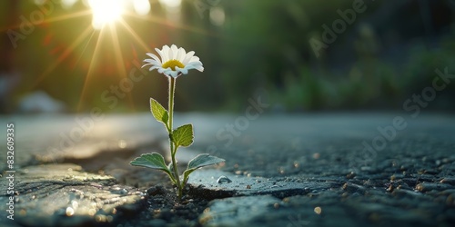 Single wildflower growing through a crack in pavement with sunlight in the background