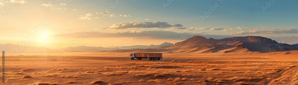 Truck transport across a dramatic desert landscape at sunset, perfect for logistic solutions or adventure travel stories Truck transport across a dramatic desert landscape at sunset, perfect for logistic solutions or adventure travel stories