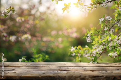 Spring beautiful background with green lush young foliage and flowering branches with an empty wooden table in nature outdoors in sunlight in a garden  blurred background  product display