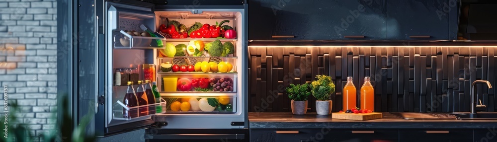 Brightly lit open fridge in a sleek kitchen showcasing a variety of colorful fresh produce and beverages, perfect for a healthy family Brightly lit open fridge in a sleek kitchen showcasing a variety of colorful fresh produce and beverages, perfect for a healthy family