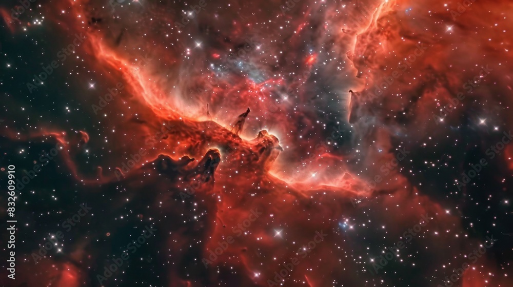 A red nebula in space, highlighting the intricate details of dark, dust-filled clouds and bright stars scattered throughout. The red and black hues create a dramatic and mysterious cosmic scene. A red nebula in space, highlighting the intricate details of dark, dust-filled clouds and bright stars scattered throughout. The red and black hues create a dramatic and mysterious cosmic scene.