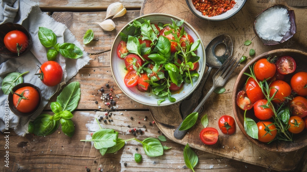 Fresh Tomato and Basil Salad Ingredients on Rustic Wooden Table
Fresh Tomato and Basil Salad Ingredients on Rustic Wooden Table