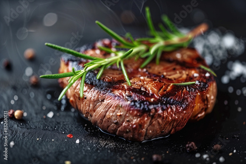 Exclusive healthy food, steak meat, rosemary leaf, restaurant meal lunch