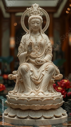 Elegant Statue of Guanyin on Lotus Flower in Temple Setting  © Rafiqul