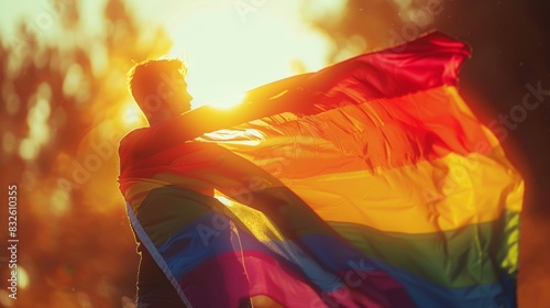  A person holding a rainbow flag with sunlight, Friendship and Diversity in the LGBTQ+ Community, event or protest march or demonstration or festival for LGBTQ+, ai ganerative photo