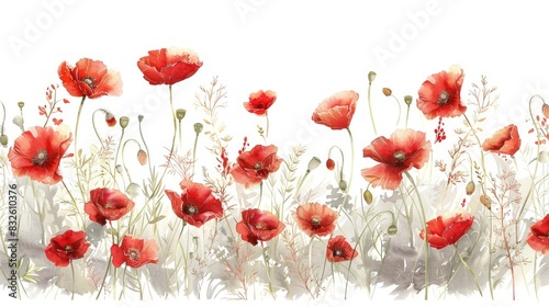 Watercolor painting of red poppies and wildflowers on a white background with hand drawn floral design and elements of nature