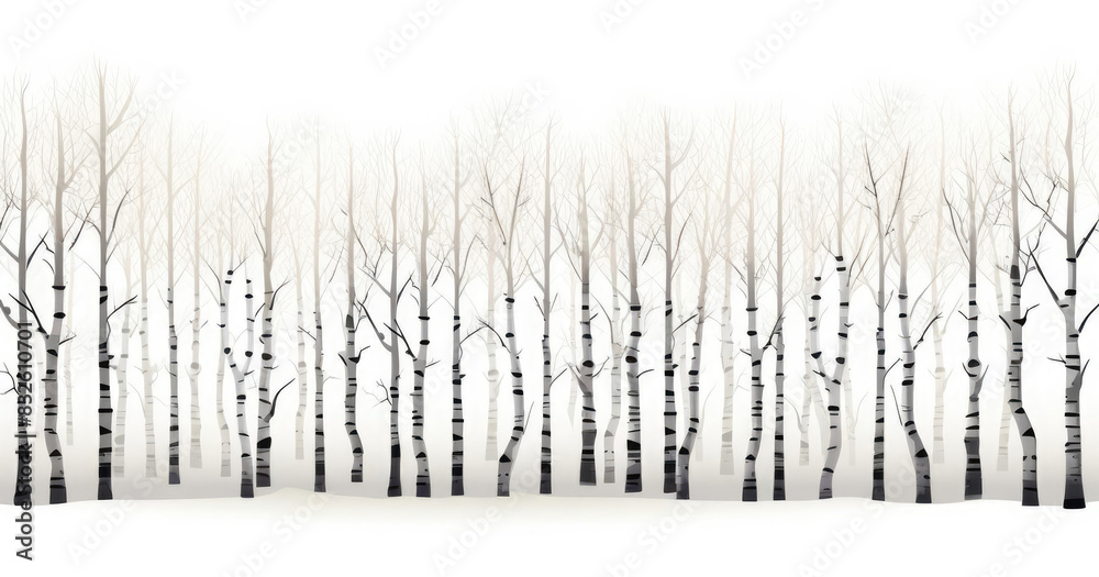 Silhouettes of bare trees stand against a white background, creating a minimalist winter forest scene. Silhouettes of bare trees stand against a white background, creating a minimalist winter forest scene.