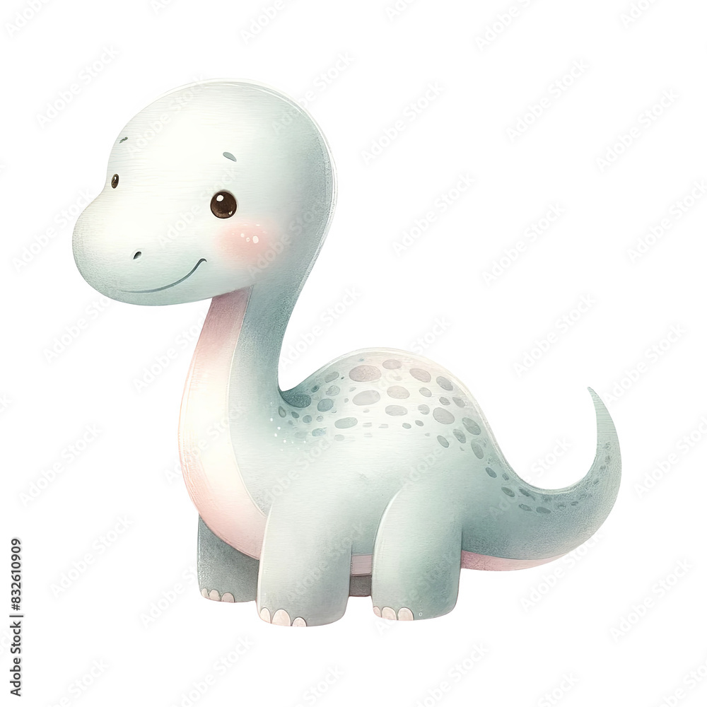 A cute, cartoon-style baby dinosaur with a long neck and spotted body.  It has a friendly smile and is perfect for children's illustrations, transparent background. 