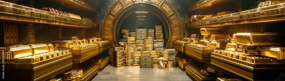 Grand vault bursting open with cascades of gold bars and stacks of money, epitomizing extreme wealth and luxury Grand vault bursting open with cascades of gold bars and stacks of money, epitomizing extreme wealth and luxury