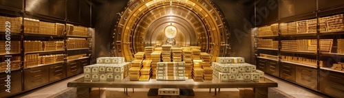 Grand vault bursting open with cascades of gold bars and stacks of money, epitomizing extreme wealth and luxury