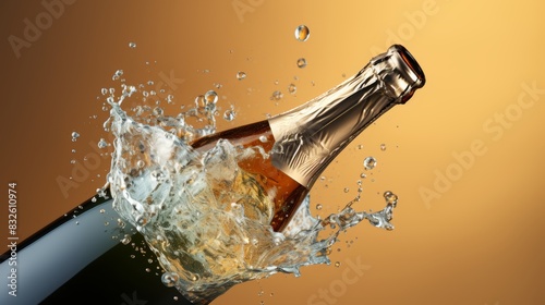 Luxurious champagne bottle surrounded by sparkling fizzy splash on bright background