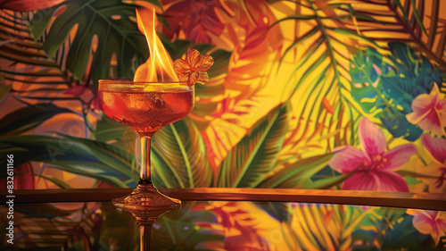 Flaming Cocktail on Lush Tropical Wallpaper Backdrop Exotic Escape in High Definition
