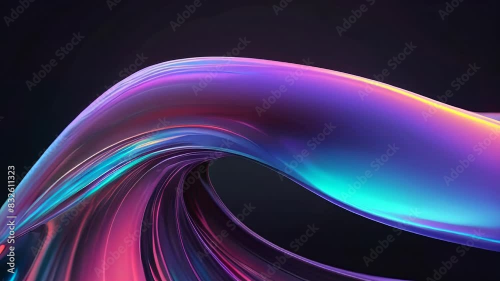 Abstract dark holographic iridescent neon background fluid liquid glass curved wave in motion 3d render. Gradient design element for banners, backgrounds, wallpapers and covers.