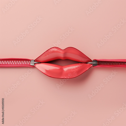 Top view of a red zipper in the shape of lips isolated on a red background. photo