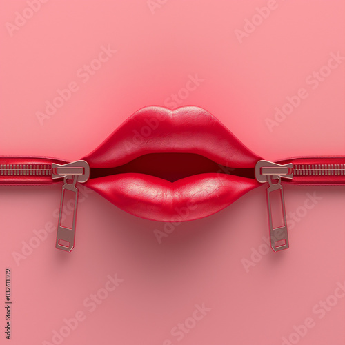 Top view of a red zipper in the shape of lips isolated on a red background. photo