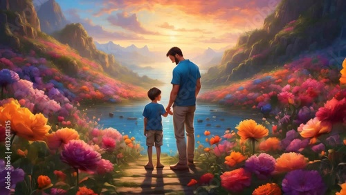 Heartwarming moment of an adult and a child holding hands against a sunset backdrop, evoking the nurturing bond celebrated on Father’s Day. photo