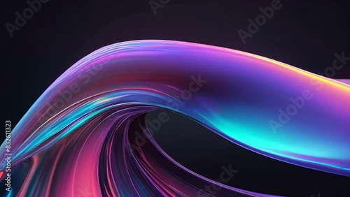 Abstract dark holographic iridescent neon background fluid liquid glass curved wave in motion 3d render. Gradient design element for banners, backgrounds, wallpapers and covers.