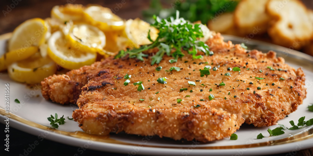 A tender beef schnitzel, grilled to golden-brown, with a crispy breading and a juicy interior A tender beef schnitzel, grilled to golden-brown, with a crispy breading and a juicy interior