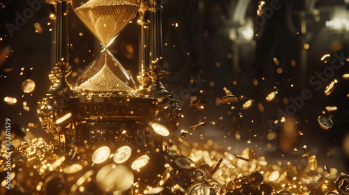 An intricately detailed hourglass towers over a sleek, suited figure, as cascading streams of golden coins flow gracefully from its upper chamber to the lower.