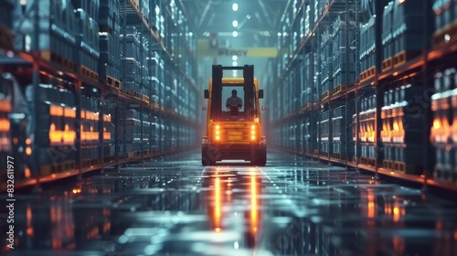 A forklift is using artificial intelligence automation to handle storage in a warehouse. Robotics is being utilized in industrial logistics
